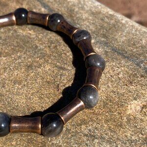 Wanderer and Gatherer Bracelet - Silver Obsidian and Bamboo brass bead SM-MED